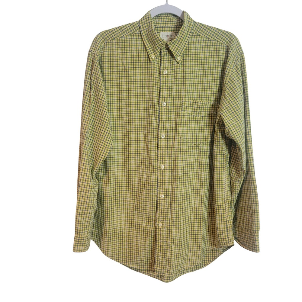 J.Crew Oarsman Mens Small Yellow Green Blue Plaid Button Down Cotton Shirt FLAW